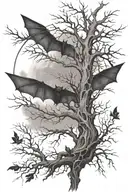 A leafless tree that starts from the floor and there is many branches that intersect constantly with a bat in a moon tattoo design idea