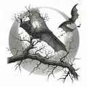 A leafless tree with long branches growing and a moon in the background with fog all around, the moon as a bat in it   tattoo design idea