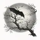 A leafless tree with long branches growing and a moon in the background with fog all around, the moon as a bat in it   tattoo design idea