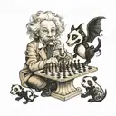 chess albert einstein with panda & dragon tattoo design idea