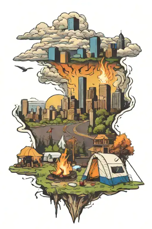 campsite with campfire morphing into Denver city skyline surrealism featuring union station and mile high stadium  tattoo design idea