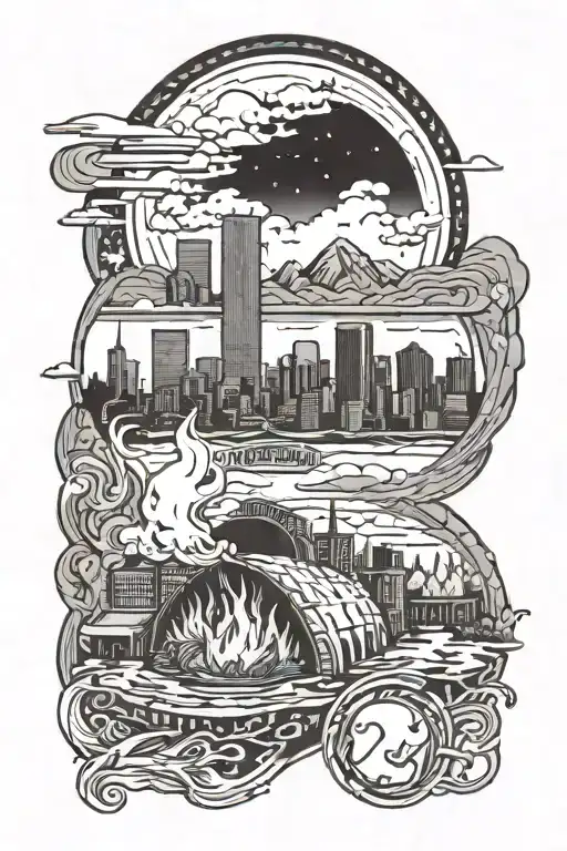 campfire morphing into Denver city skyline surrealism featuring union station and mile high stadium  tattoo design idea