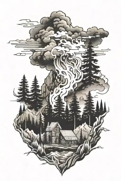 forest camp fire morphing into Denver skyline with mountains tattoo design idea