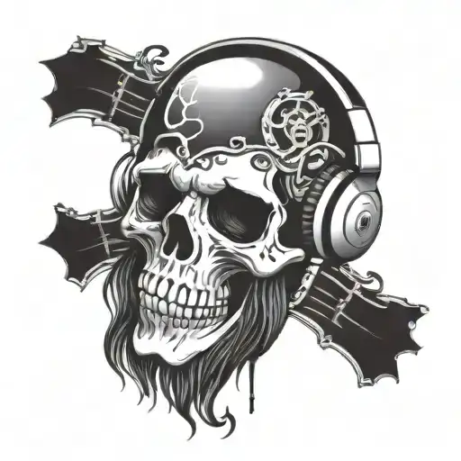 A gothic music-themed tattoo featuring a skull wearing headphones tattoo design idea