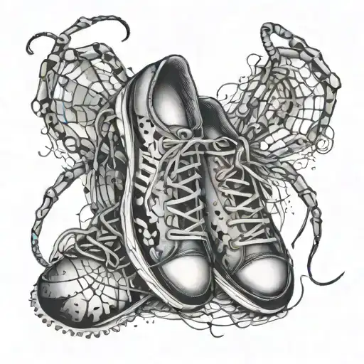 A gothic spider weaving a web of music notes and running shoes tattoo design idea
