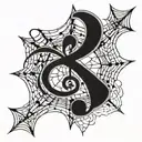 A music note intertwined with a spider web, representing the client's love for music and gothic style tattoo design idea