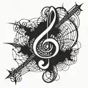 A music note intertwined with a spider web, representing the client's love for music and gothic style tattoo design idea