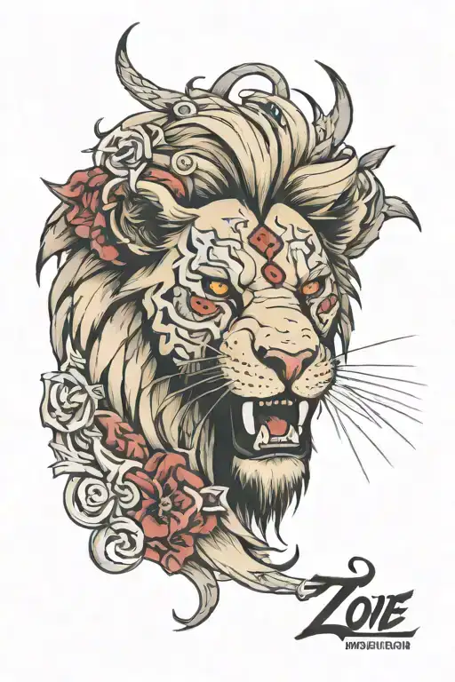 half zombie lion with cross on eye  tattoo design idea