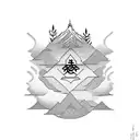 A mountain with lake and Buddhist symbols tattoo design idea