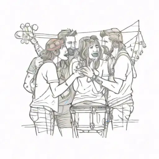 A sketch tattoo of a group of friends at a music festival, capturing the client's love for music and meeting friends in a fun and lively scene tattoo design idea
