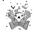 A creepy haunted library with floating books and stars tattoo design idea