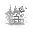 A creepy haunted library with floating books and stars tattoo design idea