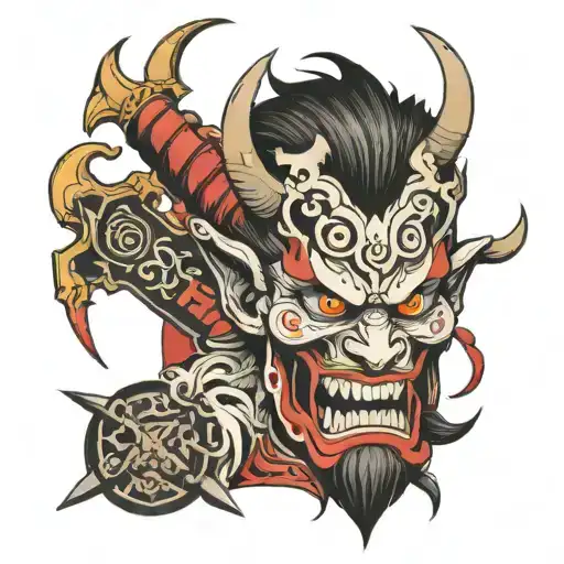 Japanese devil face and weapons  tattoo design idea