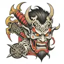 Japanese devil face and weapons  tattoo design idea