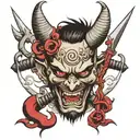 Japanese devil face and weapons  tattoo design idea