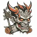 Japanese devil face and weapons  tattoo design idea