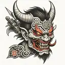 Japanese devil face and weapons  tattoo design idea