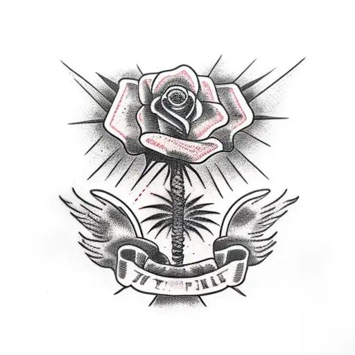 palm tree with rose and folded American flag tattoo design idea