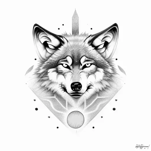 Wolf face that has red eyes with a moon on the right side of the background and a sun on the left side of the background tattoo design idea