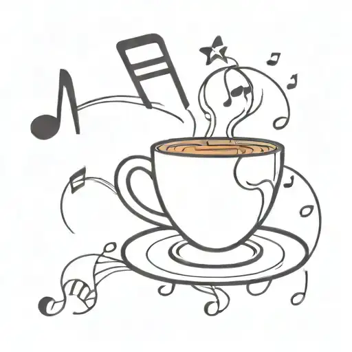 A broken heart with a cup of bitter coffee, surrounded by musical notes symbolizing sad songs tattoo design idea