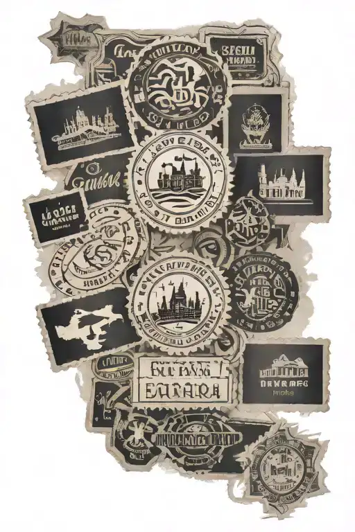 travel inspired design with passport stamps from germany, austria, switzerland, ireland, slovakia, and canada tattoo design idea