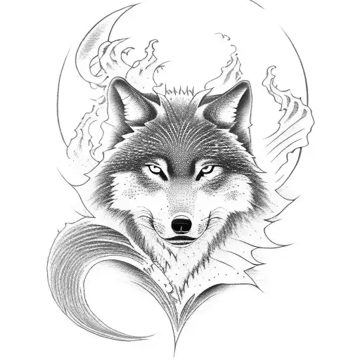 Black ink Japanese wolf tattoo design. Cherry blossoms. Waves. Red thread of fate. tattoo design idea