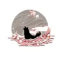 Black ink Japanese wolf tattoo design. Cherry blossoms. Waves. Red thread of fate. tattoo design idea