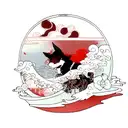 Black ink Japanese wolf tattoo design. Cherry blossoms. Waves. Red thread of fate. tattoo design idea