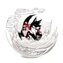 Black ink Japanese wolf tattoo design. Cherry blossoms. Waves. Red thread of fate. tattoo design idea