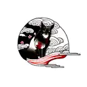 Black ink Japanese wolf tattoo design. Cherry blossoms. Waves. Red thread of fate. tattoo design idea