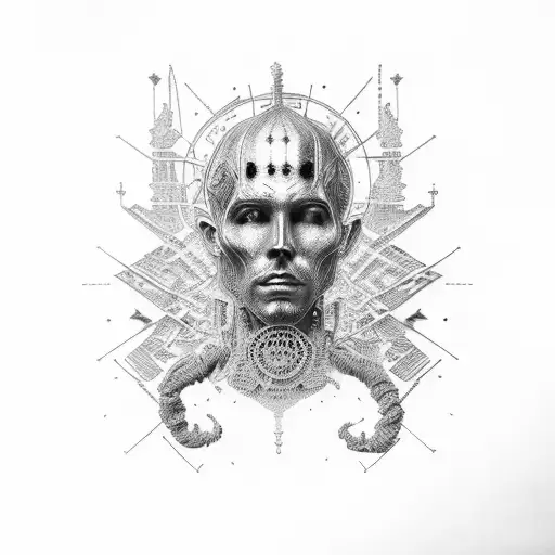 burning man statue, new school, full color tattoo design idea