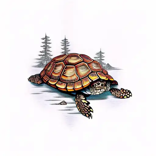 box turtle in a cedar forest tattoo design idea