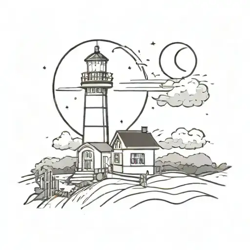 A not very complex light house emitting rays of light with a crescent moon behind it tattoo design idea