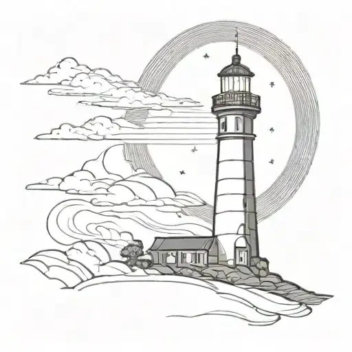 A not very complex light house emitting rays of light with a crescent moon behind it tattoo design idea