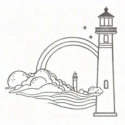 A not very complex light house emitting rays of light with a crescent moon behind it tattoo design idea