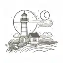 A not very complex light house emitting rays of light with a crescent moon behind it tattoo design idea