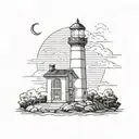 A not very complex light house emitting rays of light with a crescent moon behind it tattoo design idea