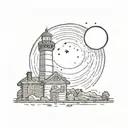 A not very complex light house emitting rays of light with a crescent moon behind it tattoo design idea