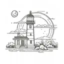 A not very complex light house emitting rays of light with a crescent moon behind it tattoo design idea