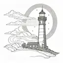 A not very complex light house emitting rays of light with a crescent moon behind it tattoo design idea