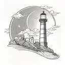 A not very complex light house emitting rays of light with a crescent moon behind it tattoo design idea