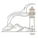 A not very complex light house emitting rays of light with a crescent moon behind it tattoo design idea