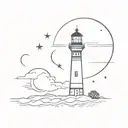 A not very complex light house emitting rays of light with a crescent moon behind it tattoo design idea