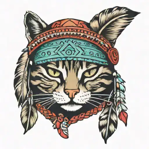 cat and native american hat tattoo design idea
