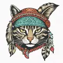 cat and native american hat tattoo design idea
