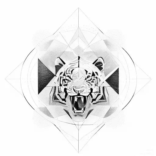 A geometric representation of a tiger surrounded by abstract art elements tattoo design idea