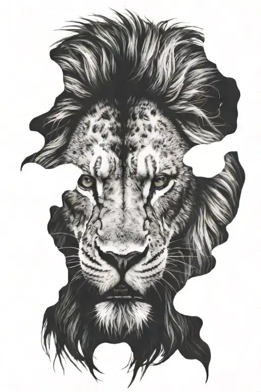 dark serious front lion face with fangs showing and a scar on his right blind eye tattoo design idea