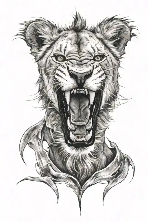 ferocious front lion face with fangs showing and a scar on his right blind eye tattoo design idea