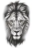 dark serious front lion face with fangs showing and a scar on his right blind eye tattoo design idea