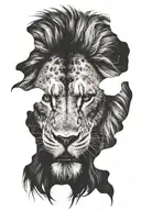 dark serious front lion face with fangs showing and a scar on his right blind eye tattoo design idea